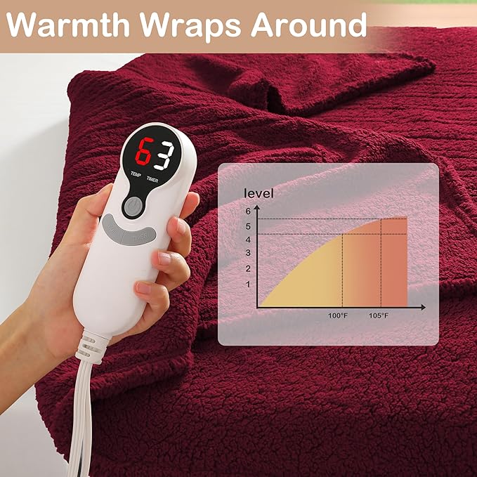 Electric Heated Blanket 6 Heating Settings & 10H Auto Off Full 72×84 Double Sided Plush Sherpa Ultra-Soft Warm Thick, Machine Washable, Fast Heating, Home Office, Red