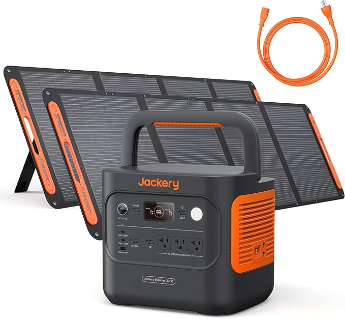 Jackery Explorer 2000 v2 Portable Power Station with 2x200W Solar Panels and AC Charging Cable, 2040Wh LFP Home Backup Battery, 2200W AC Output, Solar Generator for Power Outages, Emergencies, Camping