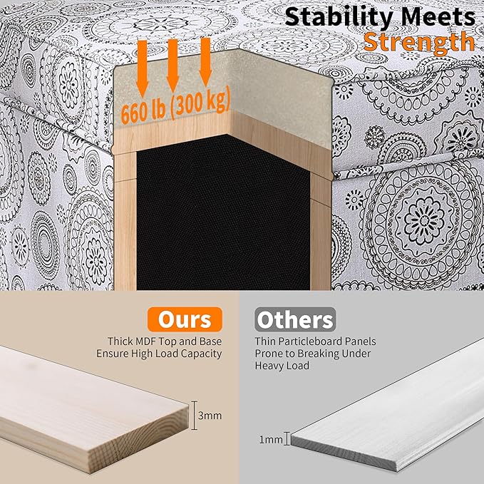 Adeco 17" Square Ottoman with Storage, Small Mandala-Persian Flower Pattern Storage Ottoman Foot Rest with Hinged Lid & Solid Wood Legs, Linen Fabric Foot Stool for Living Room & Bedroom