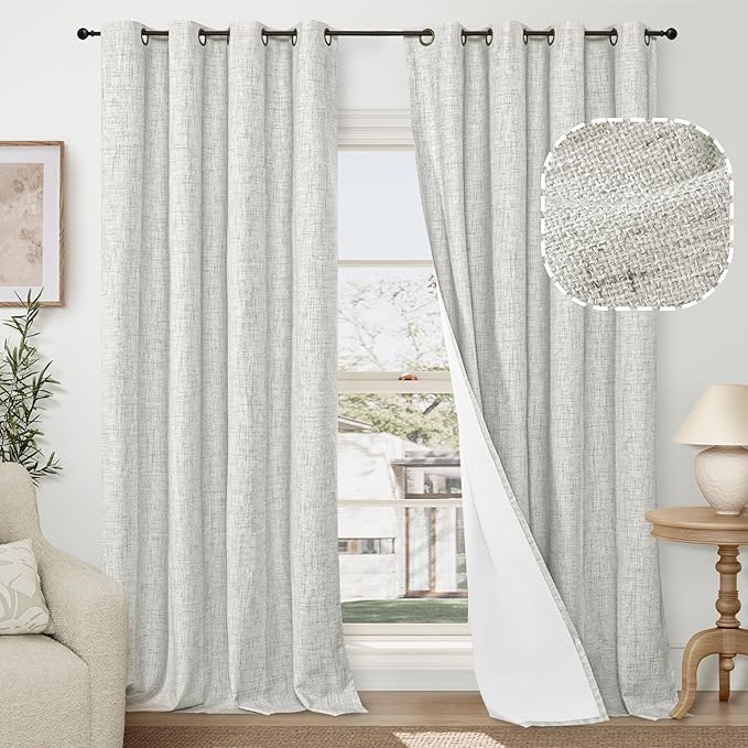 60 Inch Wide Linen Blackout Curtains for Living Room/Bedroom 84 Inch Length 2 Panels, Total Black Out Thermal Insulated Soundproof Grommet Boho Window Drapes for Modern Farmhouse, Light Grey