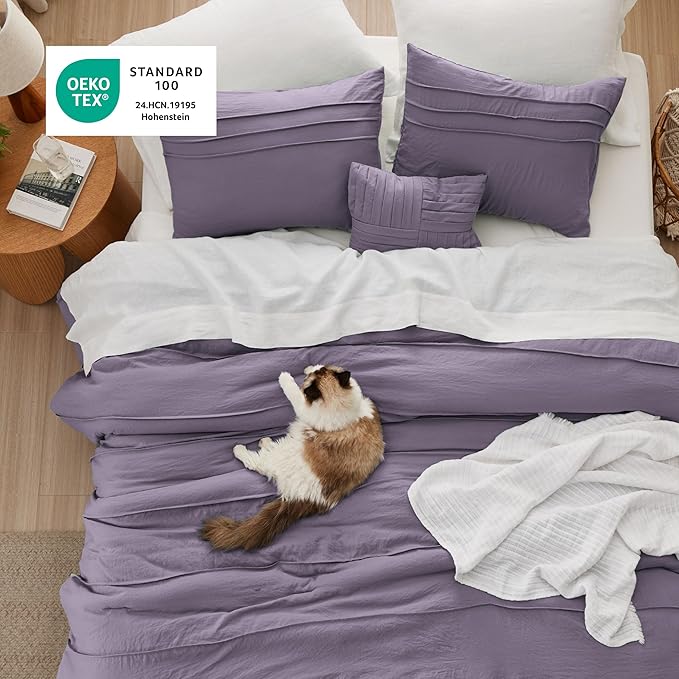 Bedsure Queen Comforter Set - 4 Pieces Pinch Pleat Bed Set, Purple Boho Bedding for All Season, 1 Soft Comforter, 2 Pillowcases, 1 Decorative Pillow