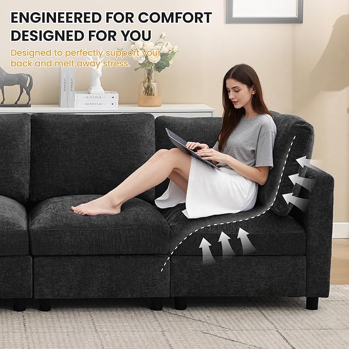 116'' 4-Seater Modular Sectional Cloud Sofa, Straight-Line Couches for Living Room, Modern Upholstered Deep Seat Sofa, Chenille Dark Grey