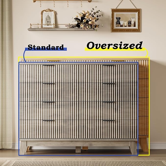 Fluted 8 Drawer Tall Dresser, 47.2" Wide Modern Boho Chest of Drawers, Wooden Storage Dresser TV Stand for Bedroom, Living Room, Closet, Hallway, Curved Profile Design