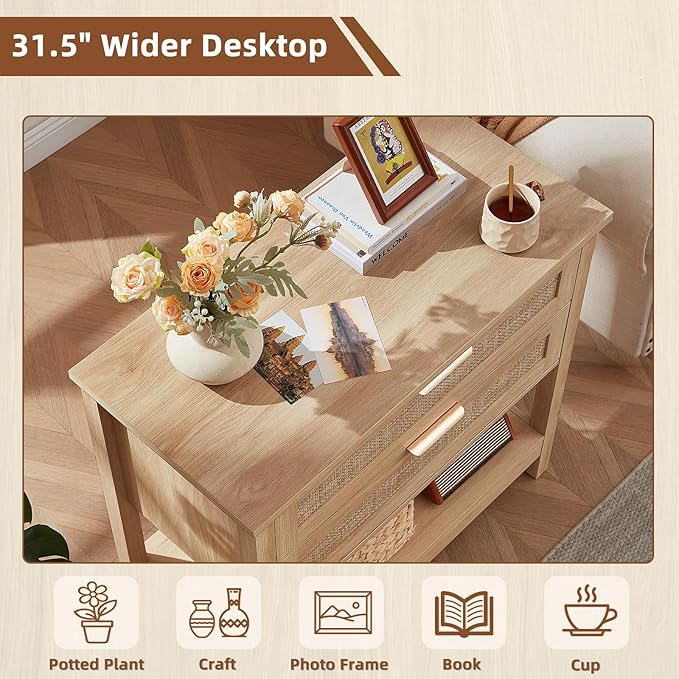 LEYAOYAO 31.5" Wide Rattan Night Stands Set 2, Oversized Large Boho Nightstand with 2 Drawer, Natural Wood Bed Side End Tables with Storage Shelf, Tall Bedside Table for Bedroom Living Room, Hallway