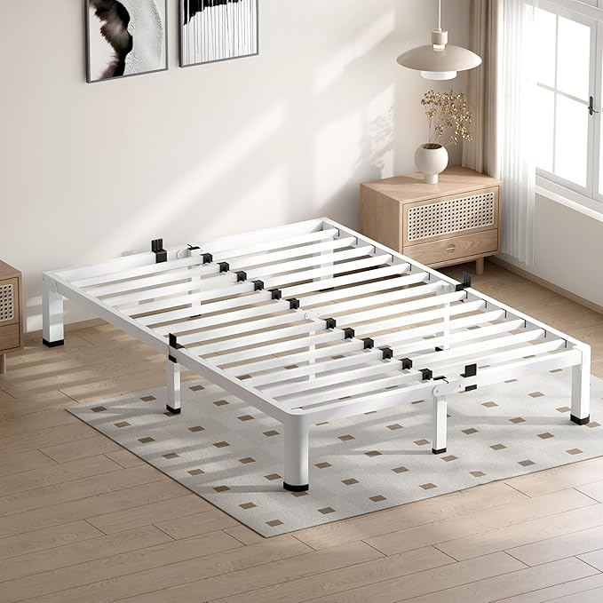 7 Inch White King Size Bed Frame, 3500Lbs Heavy Duty Metal Platform with Round Corner Legs Mattress Slide Stopper, Steel Slat Support No Box Spring Needed, Noise Free, Non-Slip, Easy Assembly