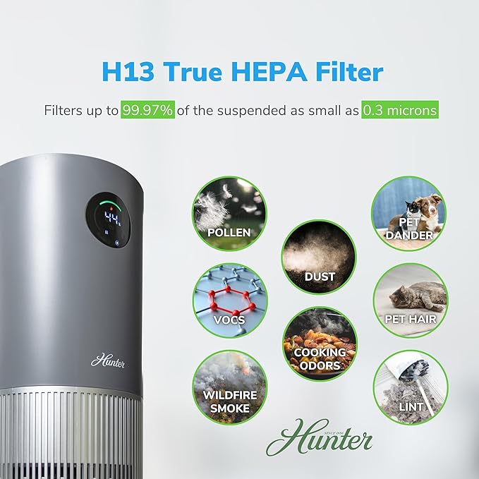 Hunter Fan Company Humidifier and Air Purifier In One, Advanced Filtration Air Purifiers for Home, Air Purifiers for Home Pets, Humidifiers for Bedroom and Humidifiers for Bedroom Baby, Grey/Silver