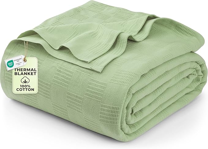Utopia Bedding Sage Green 100% Cotton Blanket [Queen Size - 90x90 Inch] 350GSM Lightweight, Soft and Breathable Thermal Blanket for All Seasons