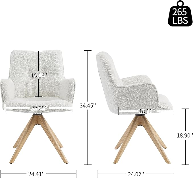 Art Leon Mid Century Swivel Chair - Boucle Fabric Upholstered Desk Chair No Wheels, Accent Armchair with Oak Wood Legs for Small Space Living Room Bedroom, Set of 2, Off White