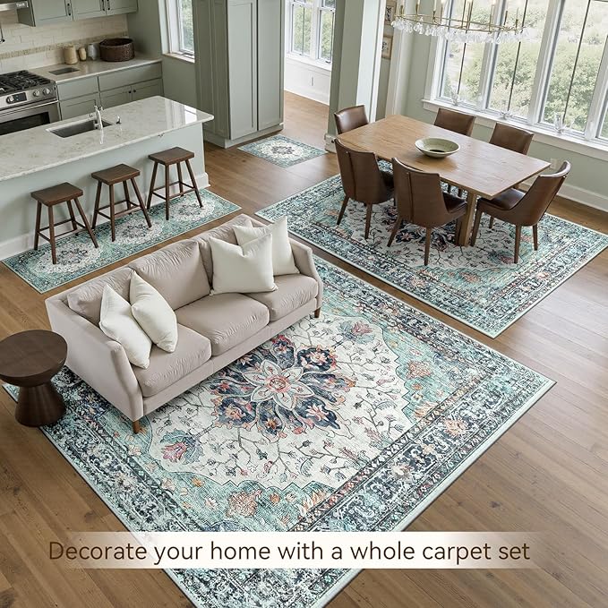 Area Rugs 2'x8' Washable Non-Slip, Floral Vintage Distress Print Pattern Medallion Carpet for Living Room Bedroom Dining Room, Green Navy Blue White Red Teal Colorful