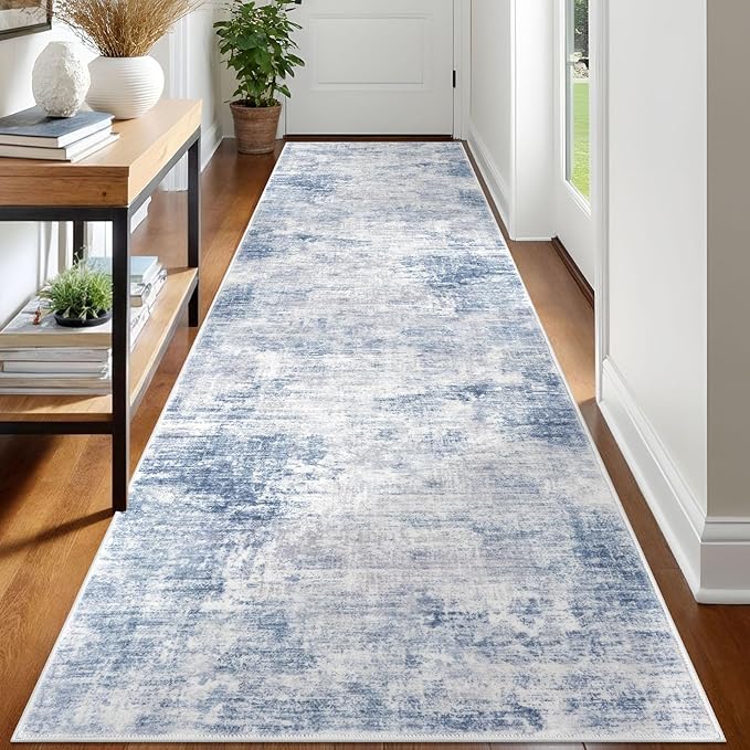 IOHOUZE Abstract Runner Rug 3x12 Ft Washable Runners for Hallways, Non Slip Kitchen Runner Printed Faux Wool Entryway Runner Indoor, Modern Abstract Floor Carpet for Hall Kitchen, Light Blue White