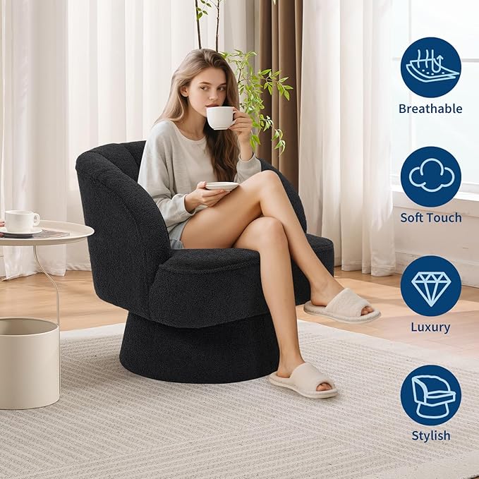 GarveeHome Modern Swivel Barrel Accent Chair, 360° Teddy Fabric Upholstered Armchair with Striped Backrest & Plush Padding, Comfy Round Lounge Chair for Living Room, Bedroom, Reading Nook, Black 2 PCS