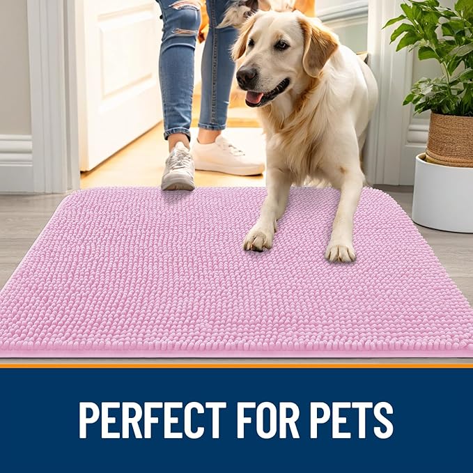 OLANLY Dog Door Mat for Muddy Paws 47x17, Absorbs Moisture and Dirt, Absorbent Non-Slip Washable Doormat, Quick Dry Chenille Mud Mat for Dogs, Entry Indoor Entryway Carpet for Inside Floor, Pink