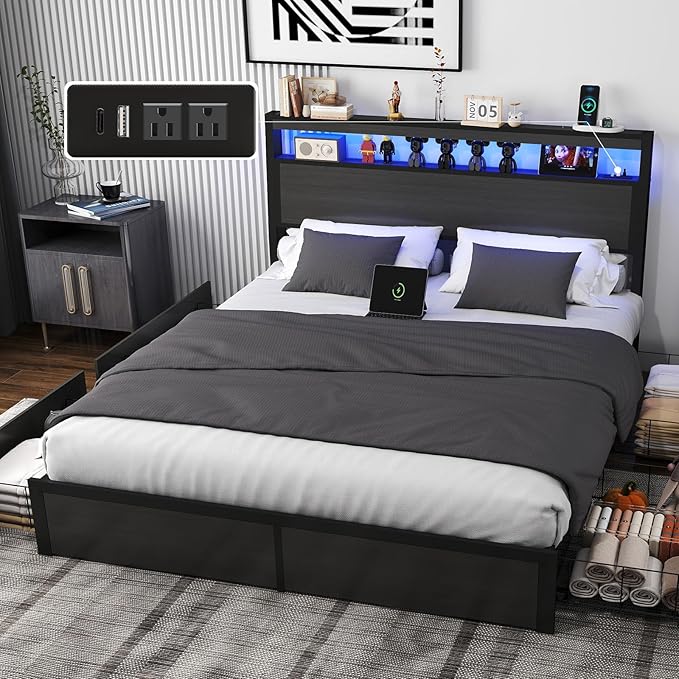 Queen Bed Frame with Storage Headboard and 4 Drawers, Metal Platform Bed Frame with LED Light, Charging Station, No Box Spring Needed, Noise Free, Easy Assembly,Charcoal Grey