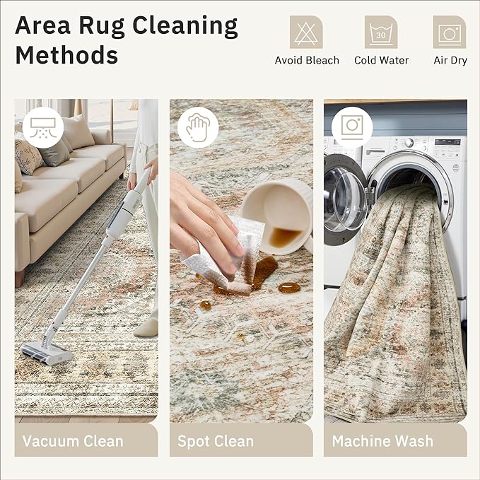10x14 Area Rugs for Living Room, Non Slip Machine Washable Vintage Rugs, Low Pile Lightweight Large Rug for Bedroom, Dining Room, Home Office Brown Pink