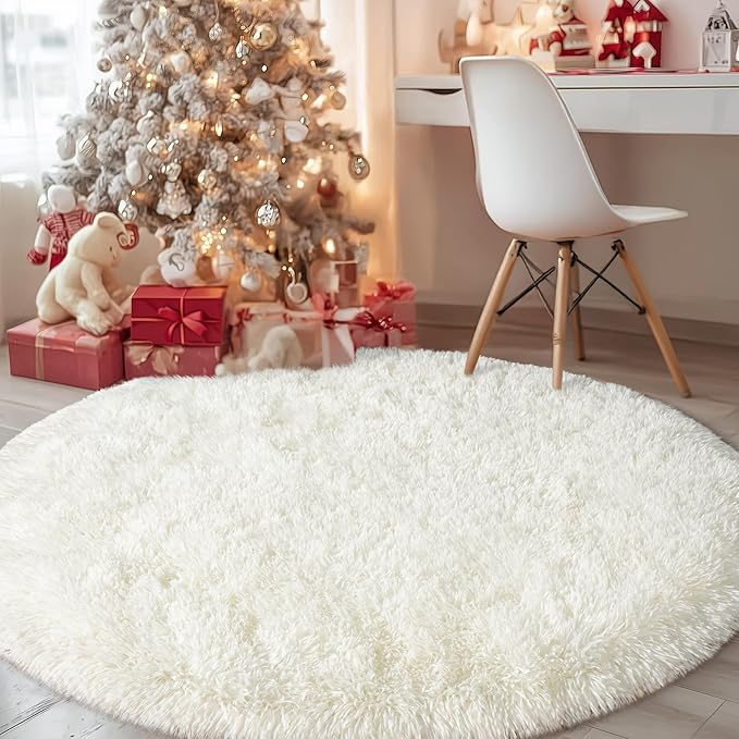 Round White Rug for Bedroom, 4 ft Circle Area Rugs for Living Room, Soft Fluffy Shag Carpet for Teen Girls Boys Nursery Room Dorm Home Decor Aesthetic