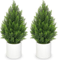 Briful 27” Artificial Cedar Topiary Tree in White Planter, 2PCS – Realistic Faux Evergreen Floor Plant with Layered Leaves, Decorative Indoor Outdoor Potted Shrub for Home, Office, Patio, Porch