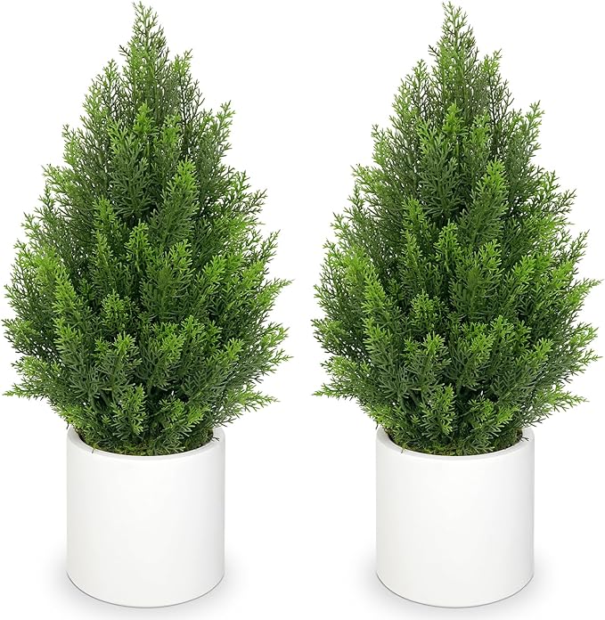 Briful 27” Artificial Cedar Topiary Tree in White Planter, 2PCS – Realistic Faux Evergreen Floor Plant with Layered Leaves, Decorative Indoor Outdoor Potted Shrub for Home, Office, Patio, Porch