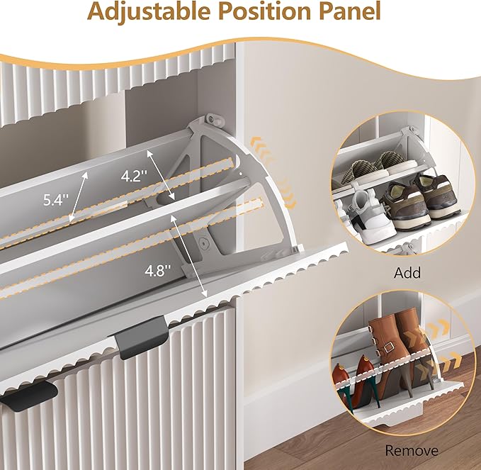 Shoe Cabinet Storage for Entryway with 4 Flip Drawers, White Fluted Shoe Cabinet with Adjustable Shelves, Wooden Hidden Shoes Rack Freestanding Narrow Slim Shoes Storage for Hallway, Entrance