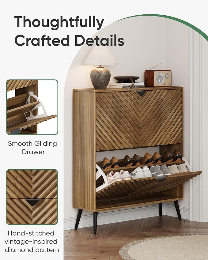 Shoe Cabinet, Entrance Shoe Storage Cabinet with Diamond Parquetry 2 Flip Drawers, Narrow Shoe Cabinet Storage for Entryway, Shoe Organizer Cabinet with Black Handles, Slim Shoe Rack Cabinet (Walnut)