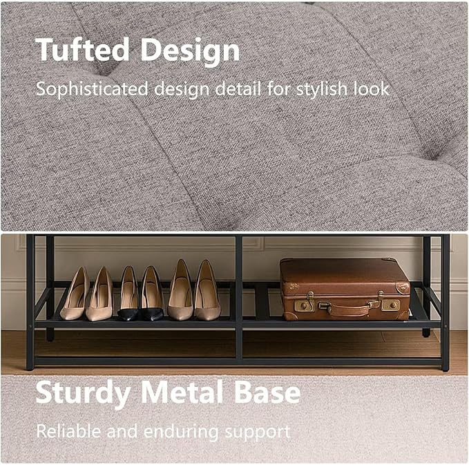 Storage Ottoman Bench with Upholstered Tufted Linen Fabric, Large End of Bed Bench with Iron Frame Rectangular Foot Stool for Living Room, Bedroom, Entryway Gray