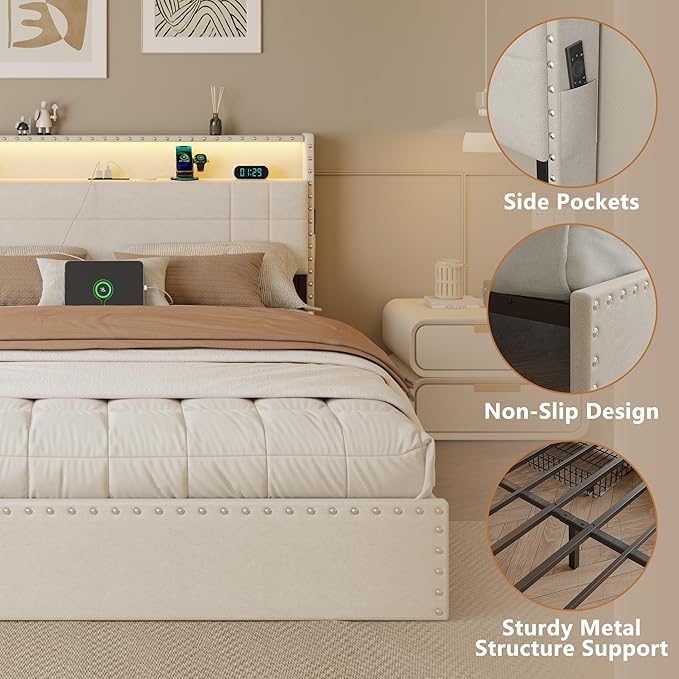 Forestell Queen Bed Frame with Headboard, Upholstered Platform Bed with 4 Storage Drawers, Built-in LED Lights & Charging Station, Metal Slats Support, No Box Spring Needed, Beige, Cama Queen Size