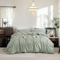 FOSSA Duvet Cover Set 100% Washed Cotton Linen Feel Super Soft Breathable Cozy 3 Pieces Bedding Sets Solid Sage Green King
