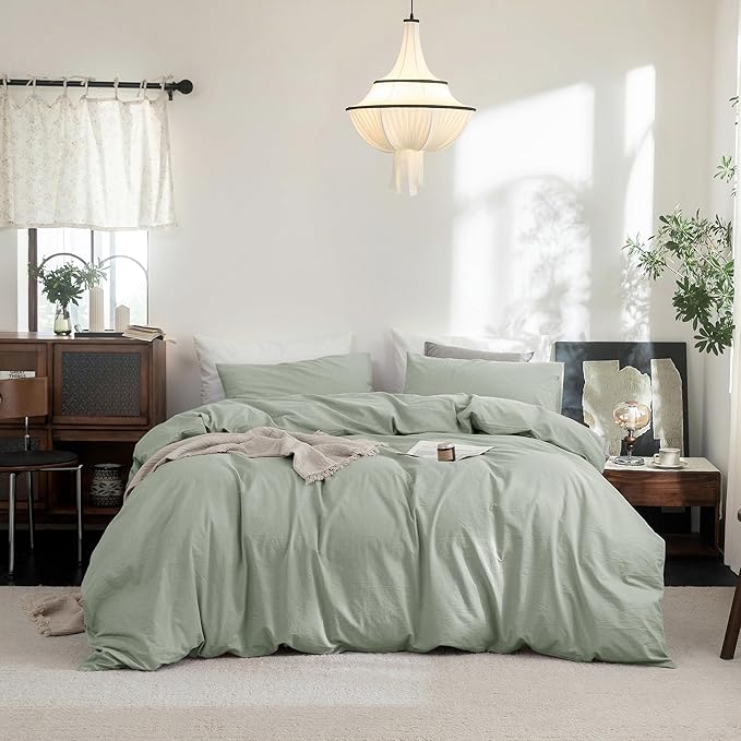 FOSSA Duvet Cover Set 100% Washed Cotton Linen Feel Super Soft Breathable Cozy 3 Pieces Bedding Sets Solid Sage Green Queen