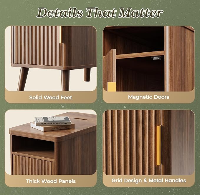 Huuger Narrow End Table with Charging Station, USB-C Port, Fluted Nightstand with Storage Cabinet, Back Rack, Farmhouse Side Table for Small Spaces, 13.4 × 23.6 Inch Night Stand, Walnut