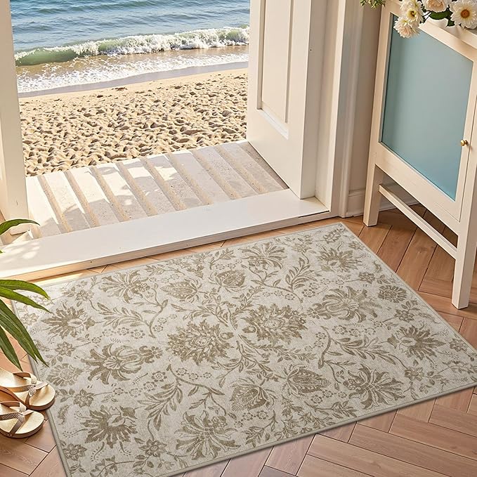 jinchan Torino 2x3 Washable Rugs for Entryway, Vintage-Inspired Floral Neutral Design Non-Slip Low-Pile Doormat, Ultra-Thin Indoor Traditional Accent Carpet for Entrance Bathroom Bedroom, Taupe