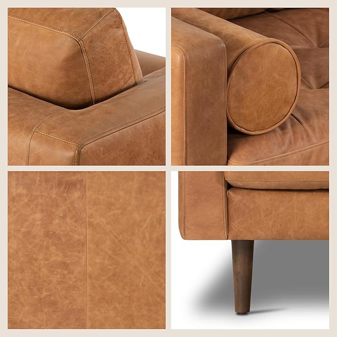 POLY & BARK Napa 72" Leather Sofa – Full-Grain Italian-Tanned Aniline Leather, Feather-Down Comfort, Solid Wood Frame, Walnut Legs, Cognac Tan