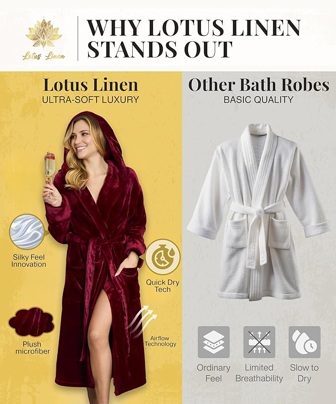 Lotus Linen Plush Robes for Women - Soft Bathrobe, Custom Monogram, Warm Fleece Robe with Pockets