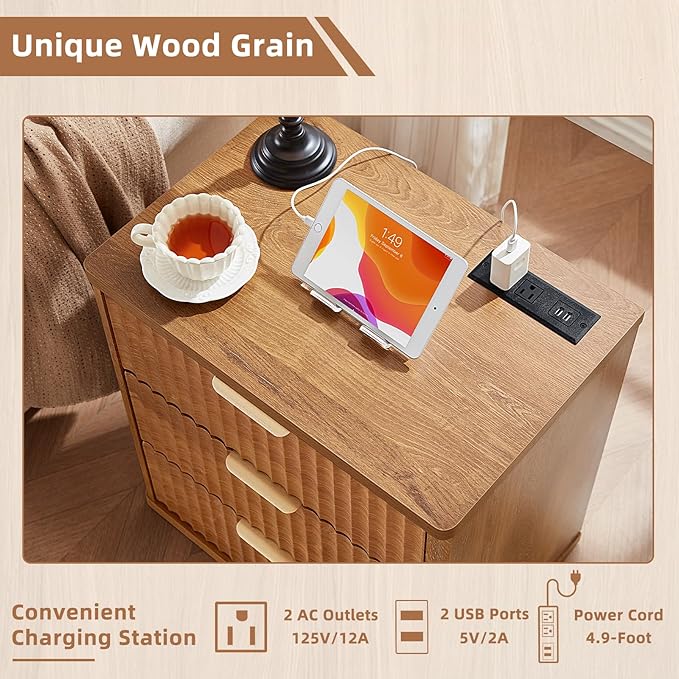 LEYAOYAO Fluted Dresser and 3 Drawers Nightstand Set of 2, Wood 48" Wide Dresser & 23" Night Stand with Charging Station, 3 Piece Bedroom Furniture Set, Chest of Drawers for Home,Living Room,Brown