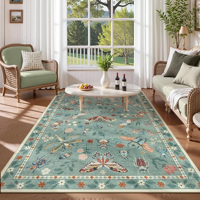 Lahome Insect Washable Area Rugs 5x7, Soft Green Rug for Living Room Bedroom Ultra-Thin Non-Shedding, Modern Stain Resistant Throw Large Carpet for Dining Room Kids Nursery(5'x7',Green)