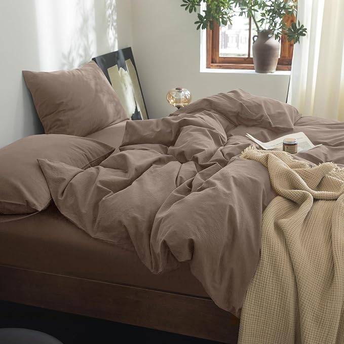 FOSSA Duvet Cover Set 100% Washed Cotton Linen Feel Super Soft Breathable Cozy 3 Pieces Bedding Sets Solid Pale Brown Oversized Queen