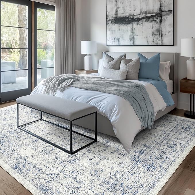 8x10 Area Rugs for Living Room, Non-Slip Backing Washable Rug 8x10, Blue Large Area Rug Soft Carpet for Bedroom Dining Room, Vintage Floral, Easy Clean, Durable, Low Pile Rug Under Table