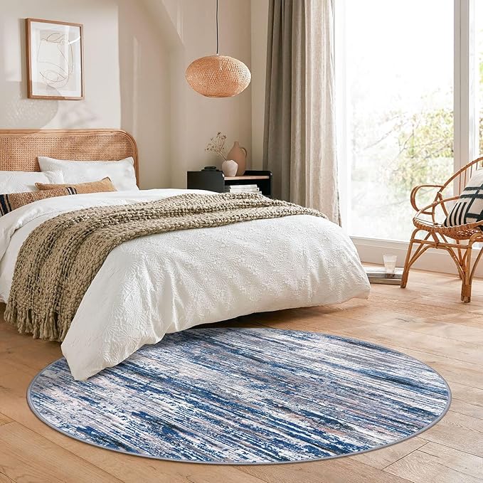 6' Round Rug Washable Rug for Entryway, Navy Blue Gray Neutral Multi Soft Non-Slip Area Rugs Modern Abstract Low-Pile Carpet, Neutral Vintage Circle Rugs for Living Room Dining Bedroom Foyer