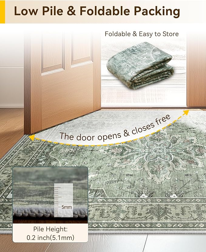 Area Rugs 3'x7' Washable Non-Slip, Floral Vintage Distress Print Pattern Medallion Carpet for Living Room Bedroom Dining Room, Dark Green Gray