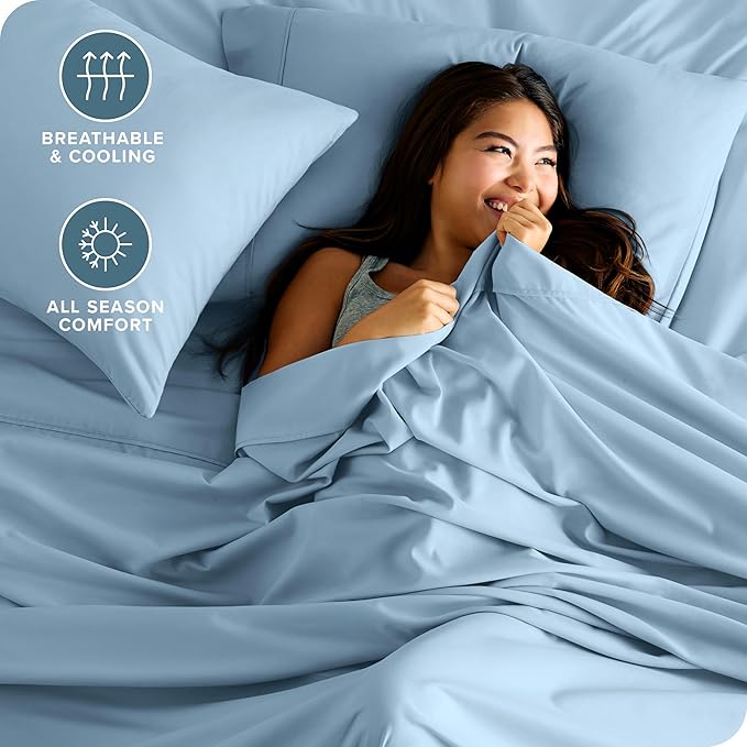Bare Home Hotel Luxury Split King Sheet Set, Extra Soft, 7 Piece Set, Deep Pockets, Easy Fit, Cooling & Breathable, Wrinkle, Fade, Stain Resistant, Includes 4 Pillowcases (Split King, Light Blue)