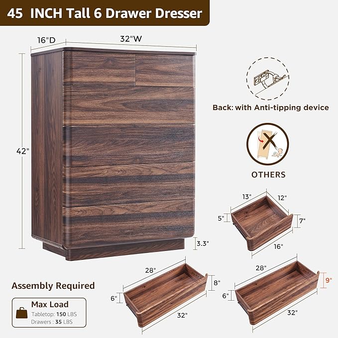 ACCOHOHO 6 Drawer Dresser for Bedroom, 42 Inch Tall Modern Chest of Drawers, Push-to-Open Wood Storgae Organizer with Large Drawers for Bedroom, Living Room, Hallway, Brown