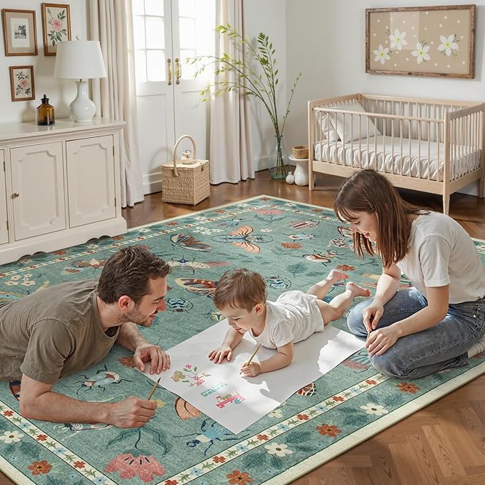 Lahome Insect Washable Area Rugs 5x7, Soft Green Rug for Living Room Bedroom Ultra-Thin Non-Shedding, Modern Stain Resistant Throw Large Carpet for Dining Room Kids Nursery(5'x7',Green)