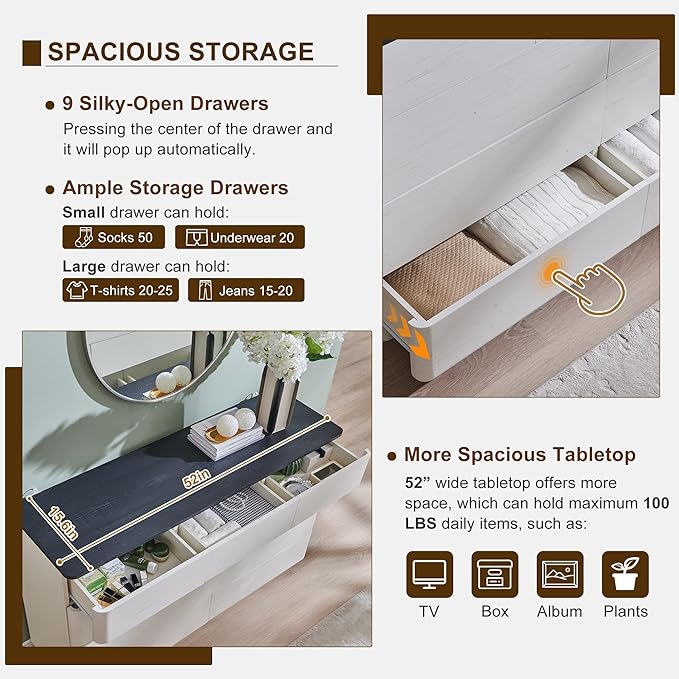 ACCOHOHO Modern 9 Drawer Dresser for Bedroom, 52" Wide Wooden Dressers with Large Storage,Handleless Chest of Drawers TV Stand for Living Room & Hallway, Curved Profile Design, White