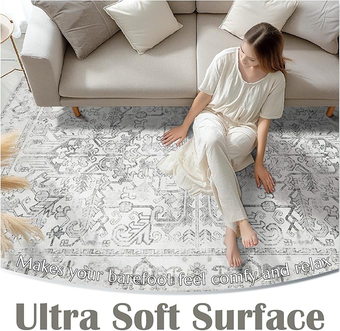 jinchan Lima 2x3 Washable Rug for Entryway - Vintage Floral Ultra-Thin Low Pile Soft Small Non Slip Distressed Indoor Door mat Accent Area Rug for Entrance Kitchen Bathroom Bedroom (2x3ft, Grey)