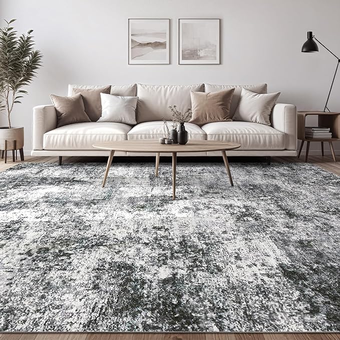 Area Rug Living Room Rugs - 7x9 Large Soft Indoor Neutral Modern Abstract Low Pile Washable Rug Carpet for Bedroom Dining Room Farmhouse Home Office - Grey