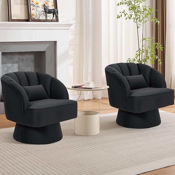 GarveeHome Modern Swivel Barrel Accent Chair, 360 Degree Velvet Upholstered Armchair with Striped Backrest & Plush Padding, Comfy Round Lounge Chair for Living Room, Bedroom, Reading Nook, Black