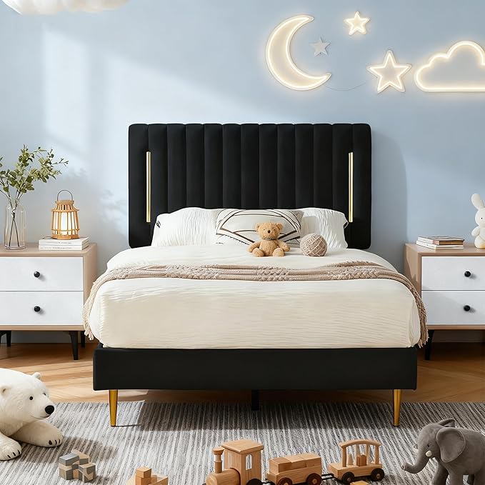 Twin Platform Bed Frame, Velvet Upholstered Bedframe with Vertical Channel Adjustable Headboard, Golden Plating Trim, Mattress Foundation with Wooden Slats, No Box Spring Needed, Black