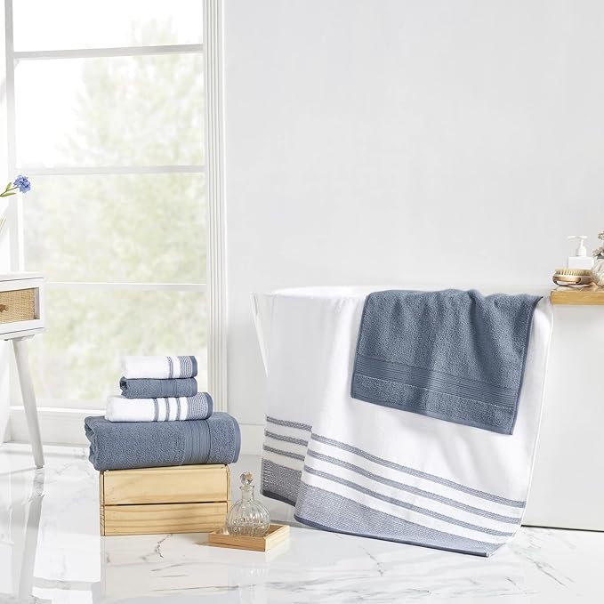 Modern Threads 6 Piece Set, 2 Bath Towels, 2 Hand Towels, 2 Washcloths, Quick Dry White/Contrast Reinhart Denim