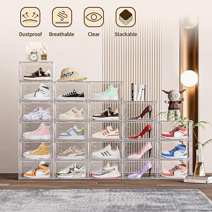 12 Pack XX Large Shoe Organizer, Heavy-Duty Hard Thicken Plastic Clear Stackable Shoe Storage Box Organizer for Closet, Space-Saving Shoe Rack Display Case Bin Containers for Sneakers, Clear