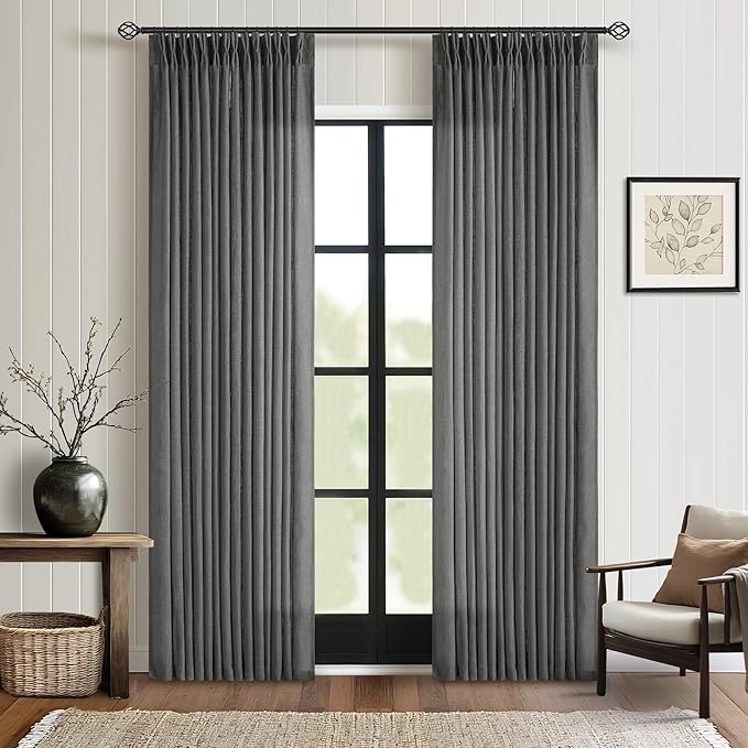 Dark Grey 80 Inch Pinch Pleated Linen Curtains 2 Panel Set for Living Room Thick Linen Drapes 80 Inches Long Pinch Pleat Drapes Semi Sheer Curtain for Dining Bedroom Office Charcoal Gray