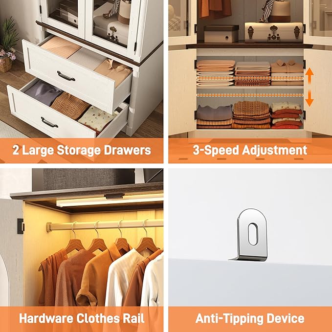 Tall Farmhouse 6 Doors Armoire Wardrobe Closet with LED ,72" Freestanding Arched Wardrobe Closet Cabinet for Bedroom w Glass Doors/Drawers,Wooden Clothing Storage Cabinet,Closets for Bedroom(White)