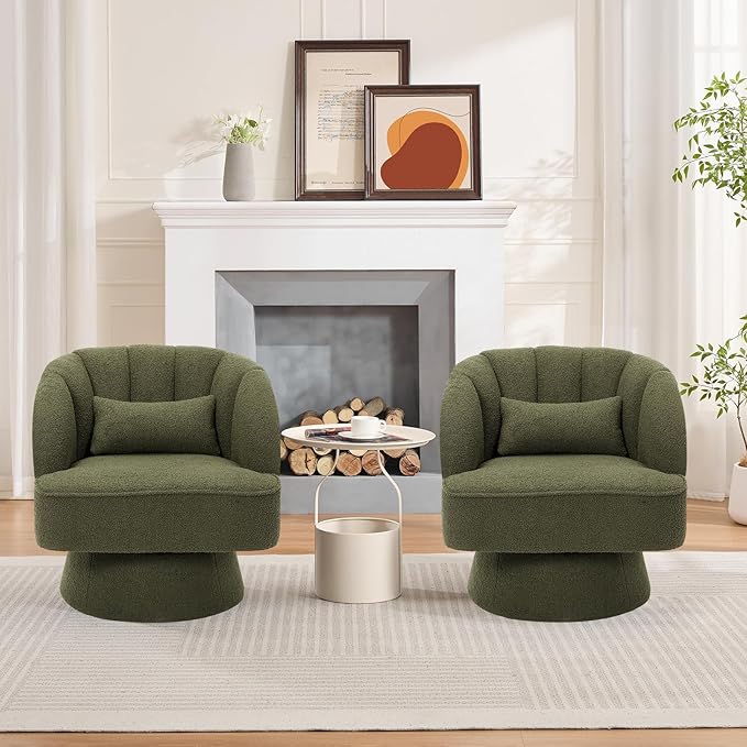 GarveeHome Modern Swivel Barrel Accent Chair, 360° Teddy Fabric Upholstered Armchair with Striped Backrest & Plush Padding, Comfy Round Lounge Chair for Living Room, Bedroom, Reading Nook, Green